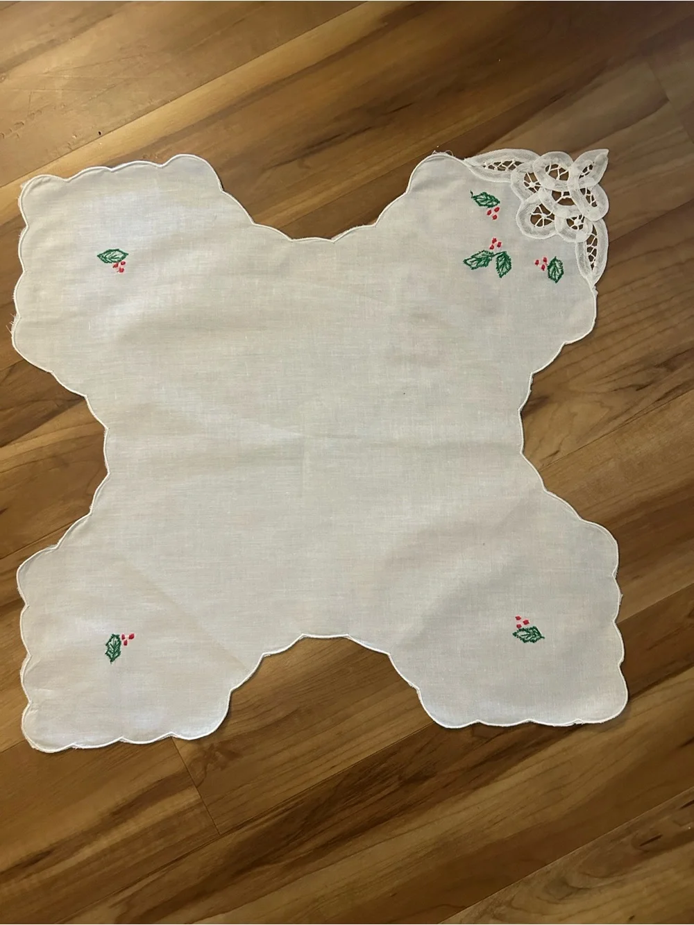 Vintage White Embroidered Linen Doily with Green Leaves & Red Berries